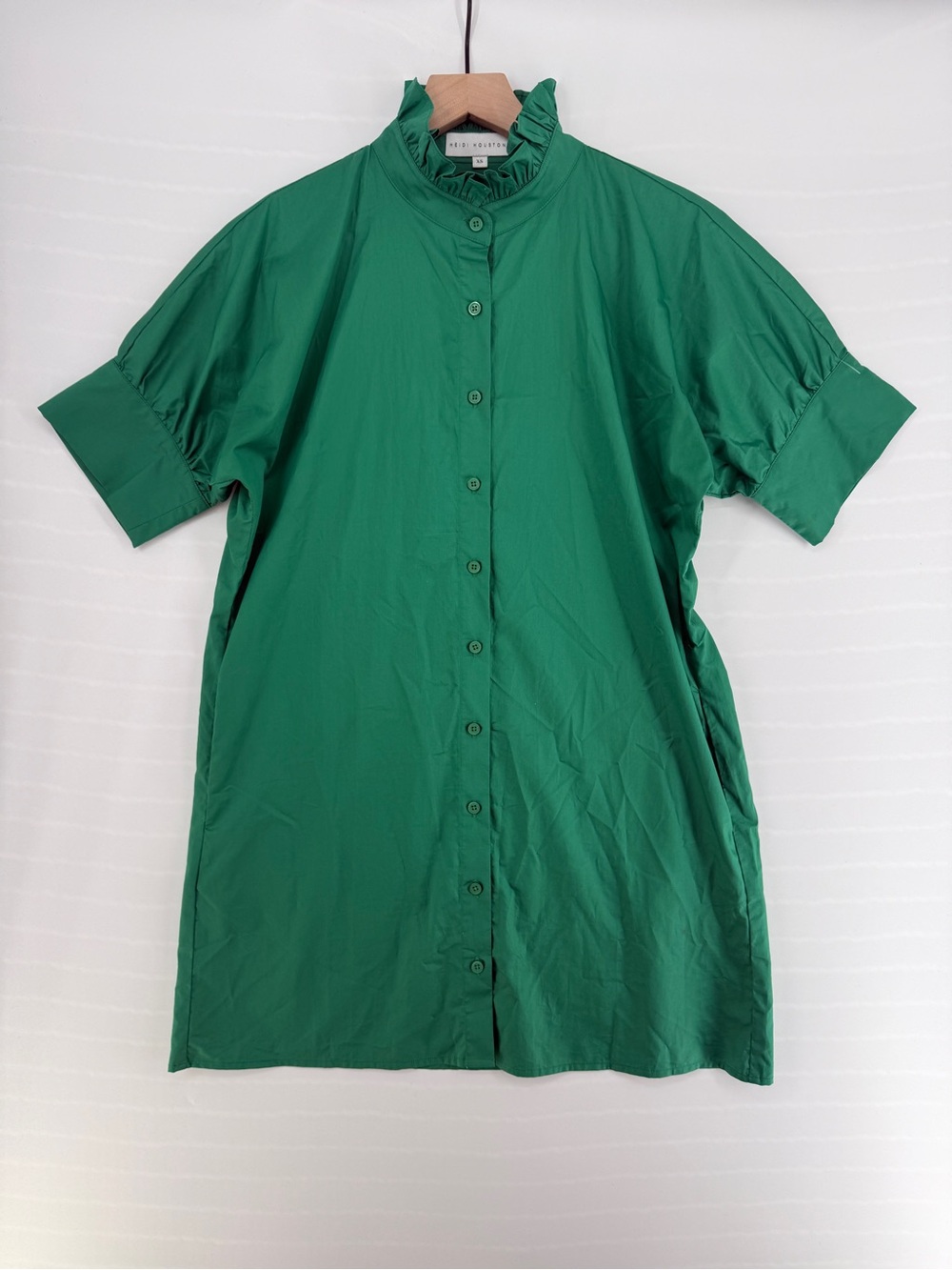 Heidi Houston XS Green Ruffle Collar Mini Shirt Dress